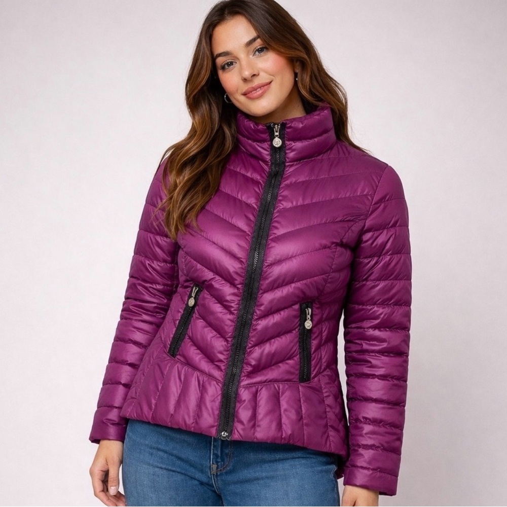 Betsey Johnson Purple Down Puffer Jacket Black Trim Small Y2K Feminine Peplum